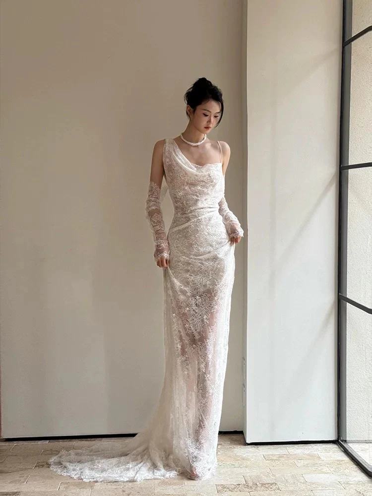 Vintage Wedding Dress Mermaid Irregular Neck White Lace Summer Long Wedding Dresses Bridal Gowns W0752 - Deanwangkt