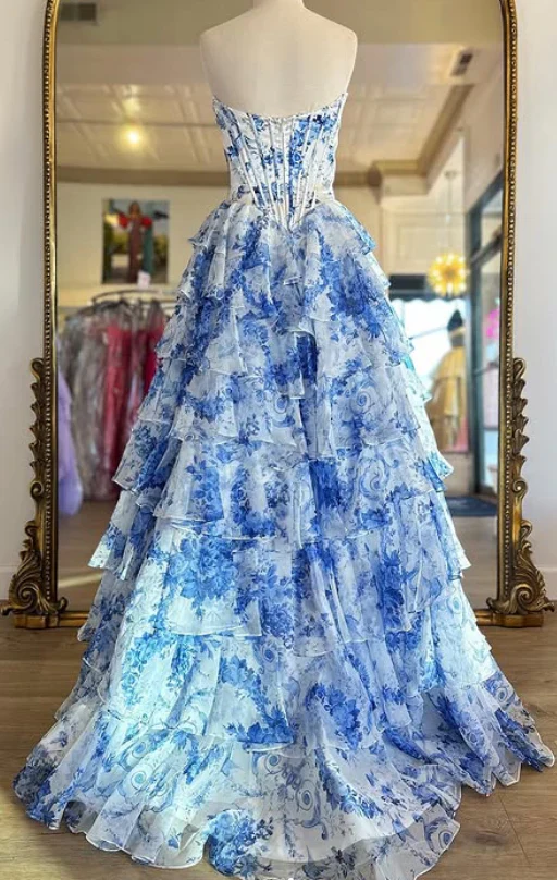 Classy Elegant Ball Gown Floral Blue Print Strapless Long Prom Dress With Chiffon Ruffle Skirt Prom Dresses DP266 - Deanwangkt