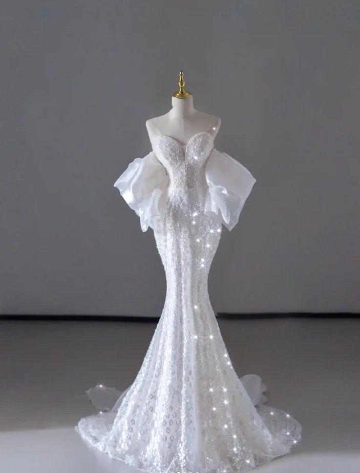 Dreamy Mermaid Off The Shoulder Sequin Long White Wedding Dresses Summer Brides Dress DP515 - Deanwangkt