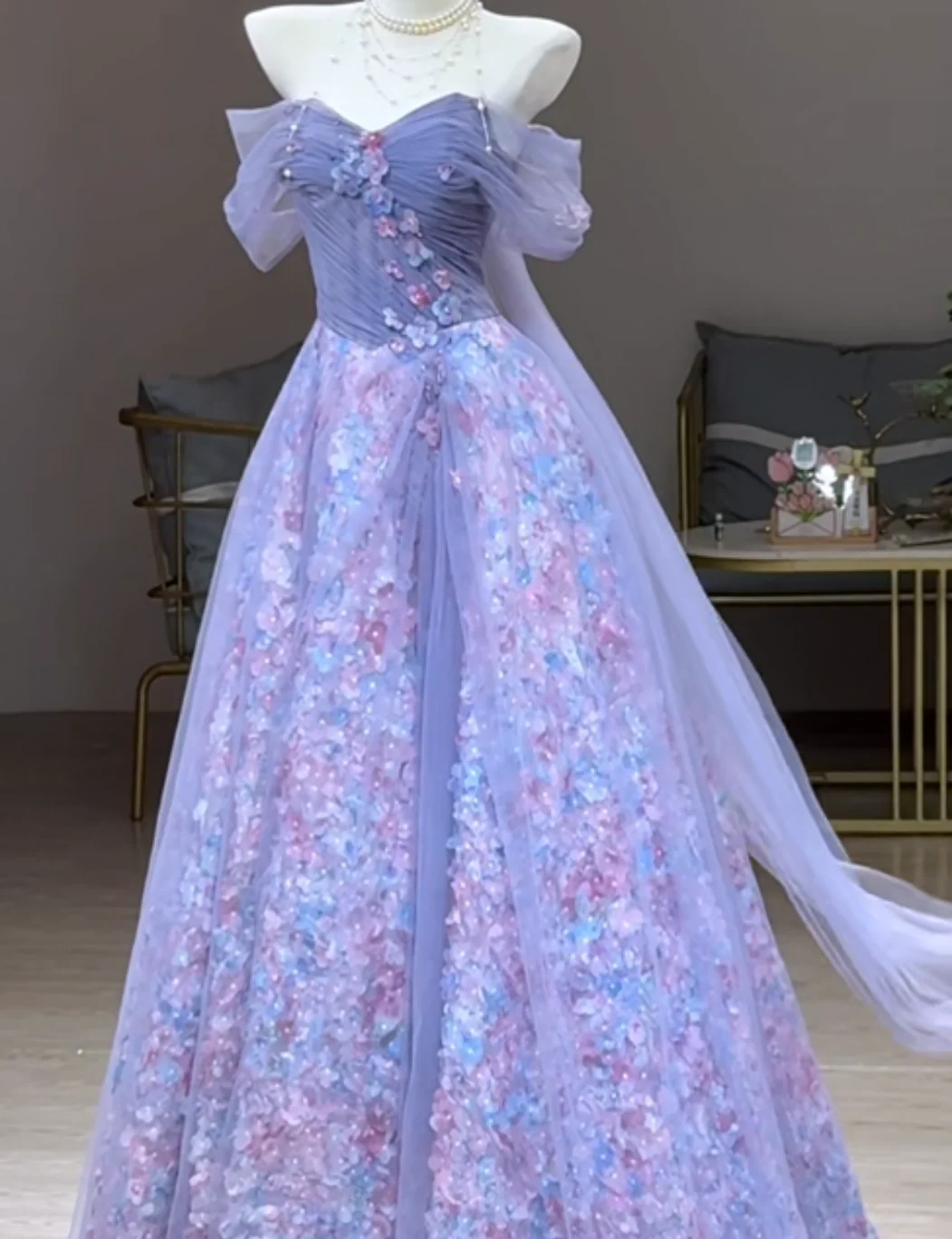 Fairy Purple Ball Gown Off-the-shoulder Tulle Long Prom Dress Applique Sweet 16 Dress DP2949 - Deanwangkt