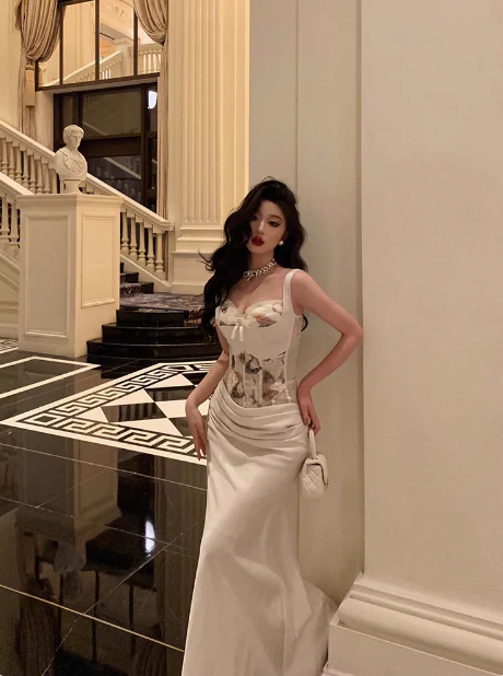 Elegant Mermaid 2 Pieces White Satin Sleeveless 21st Birthday Dresses Evening Gown Birthday Outfits Birthday Dress Ideas For Women DP1423 - Deanwangkt