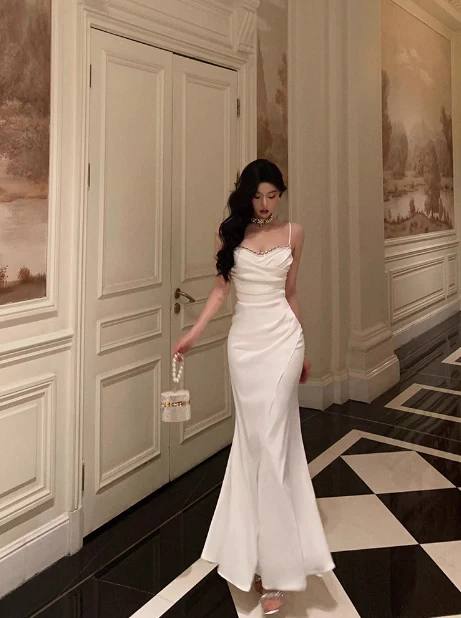 Cute Mermaid Spaghetti Straps White Sleeveless 18th Birthday Dress Party Gown Birthday Outfits For Women DP604 - Deanwangkt