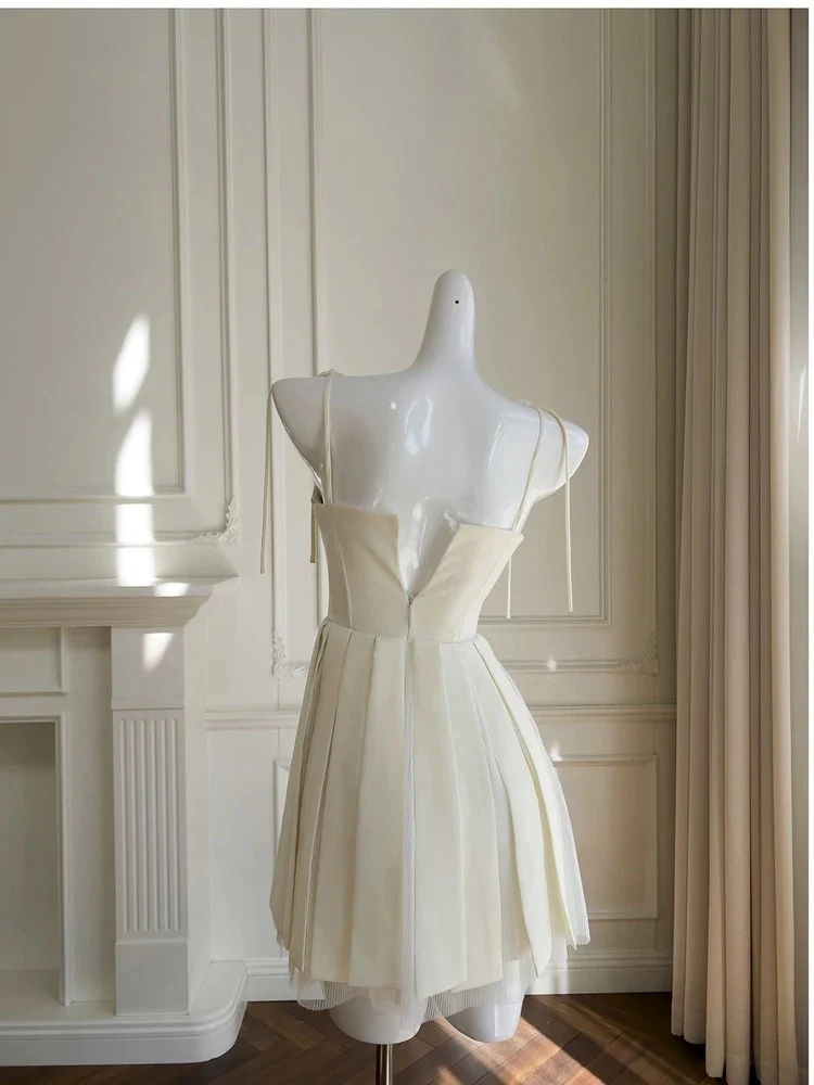 Cute A line Spaghetti Straps Yellow Satin Formal Short 8th Grade Homecoming Dress Summer Middle School Hoco Dresses Birthday Outfits W974 - Deanwangkt