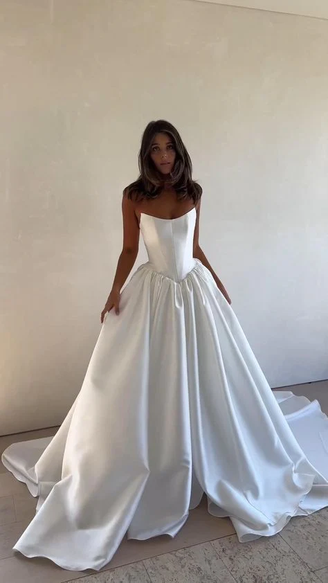 Classic Bridal Gown Ball Gown Strapless Satin Long White Wedding Dresses Elegant Bridal Gowns DH860 - Deanwangkt