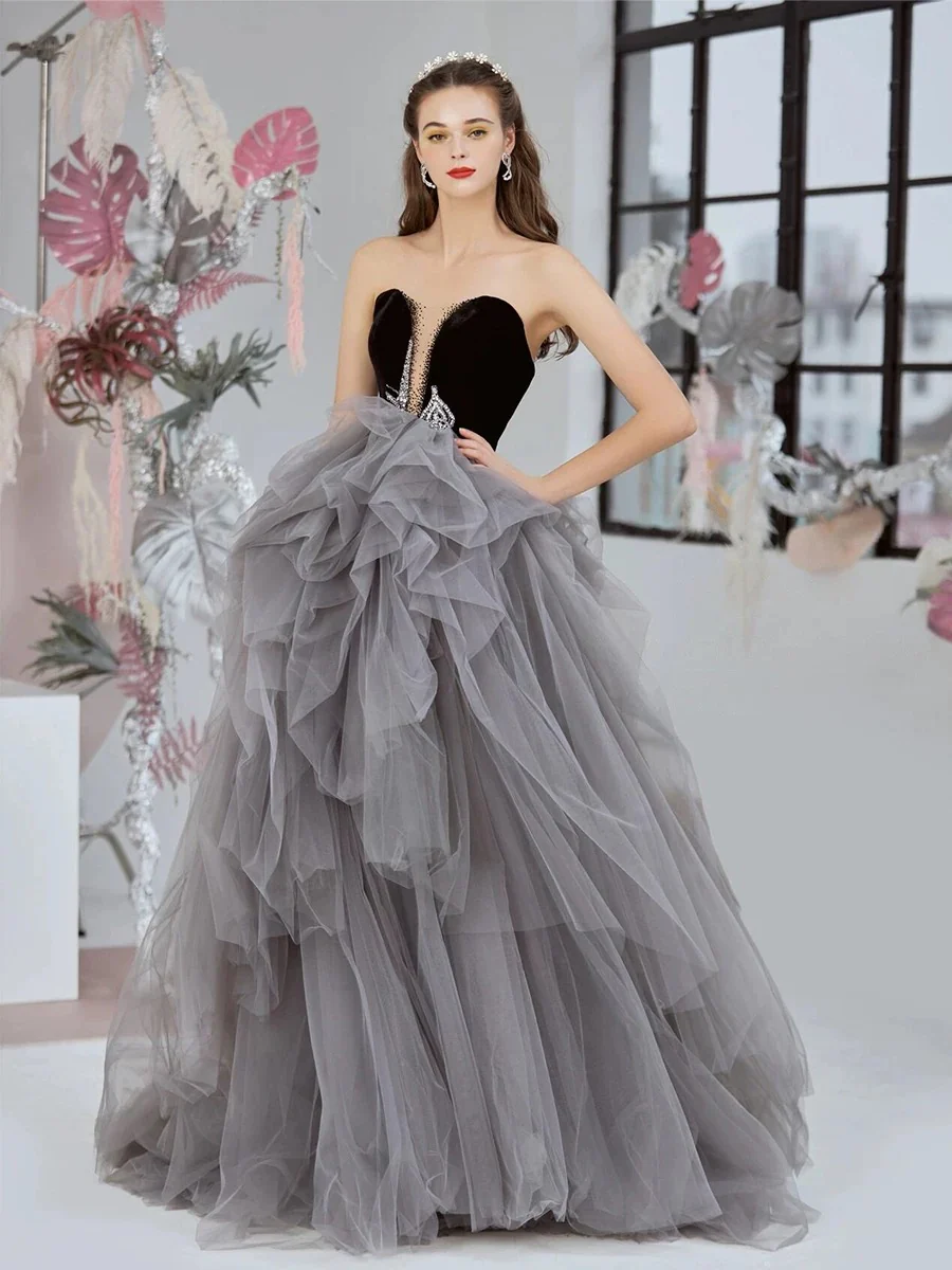 Classy Ball Gown Sweetheart Tulle Gray Evening Dress Long Prom Dresses H2865 - Deanwangkt