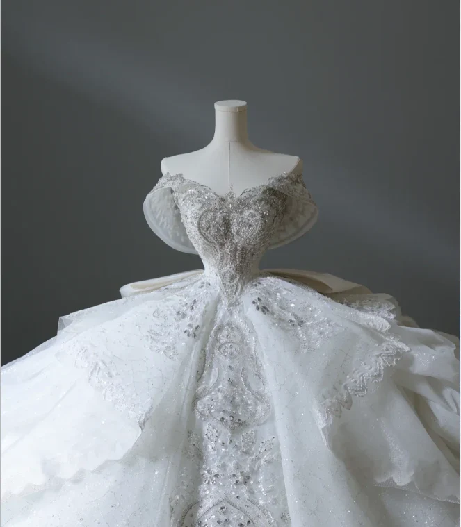 Princess Bridal Dress Ball Gown Off The Shoulder Tulle Wedding Dress With Short Sleeves Wedding Dresses Modest Wedding Gowns DH1503 - Deanwangkt