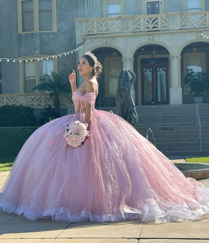 Modest Ball Gown Off The Shoulder Pink Tulle Lace Long Quinceanera Dress Formal Gowns Vestido De 15 Anos Sweet 16 Dress DH1855 - Deanwangkt