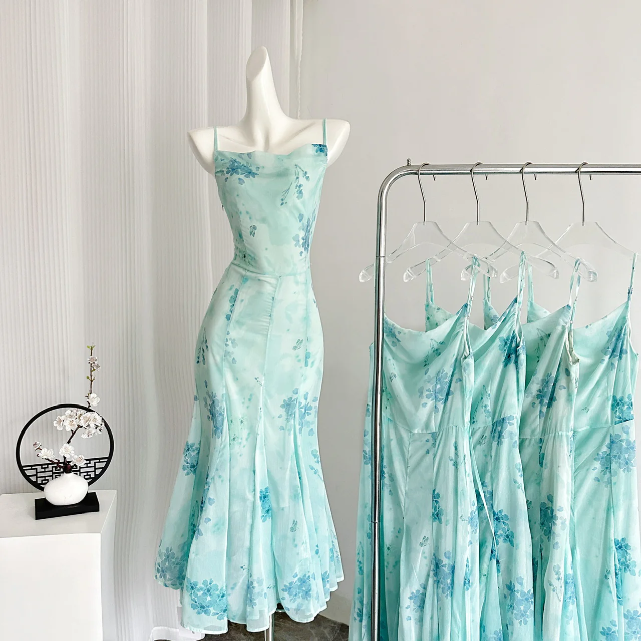 Sexy Mermaid Spaghetti Straps Floral Blue Summer Dress Holiday Party Outfits For Women DP0085 - Deanwangkt