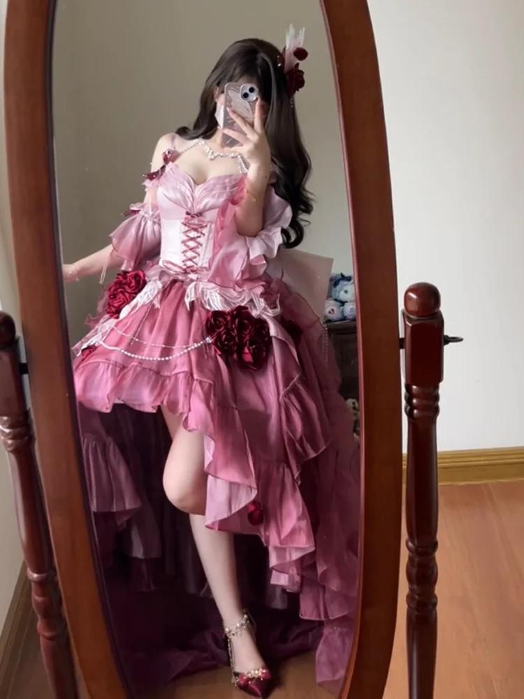 Vintage Ball Gown Spaghetti Straps Chiffon Summer 18th Birthday Dress High Low Ombre Pink Lolita Dress Birthday Outfits DH2415 - Deanwangkt