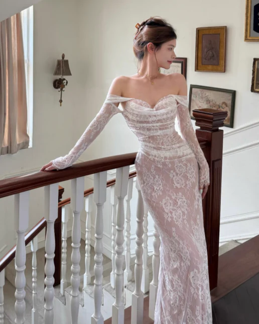 Elegant Off-the-shoulder Sheath Lace Long Prom Dresses, White Formal Evening Dresses DP3104 - Deanwangkt