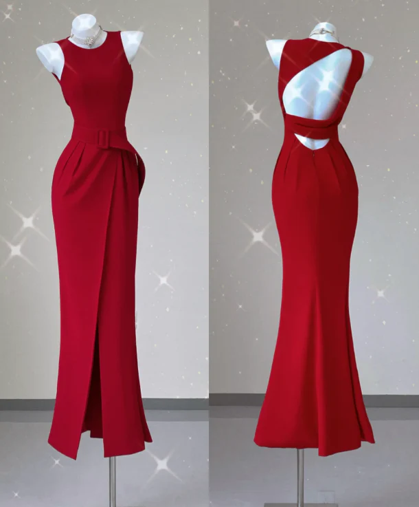 Classy Mermaid Jewel Red Satin Slit Evening Dress Long Prom Dresses P0021 - Deanwangkt