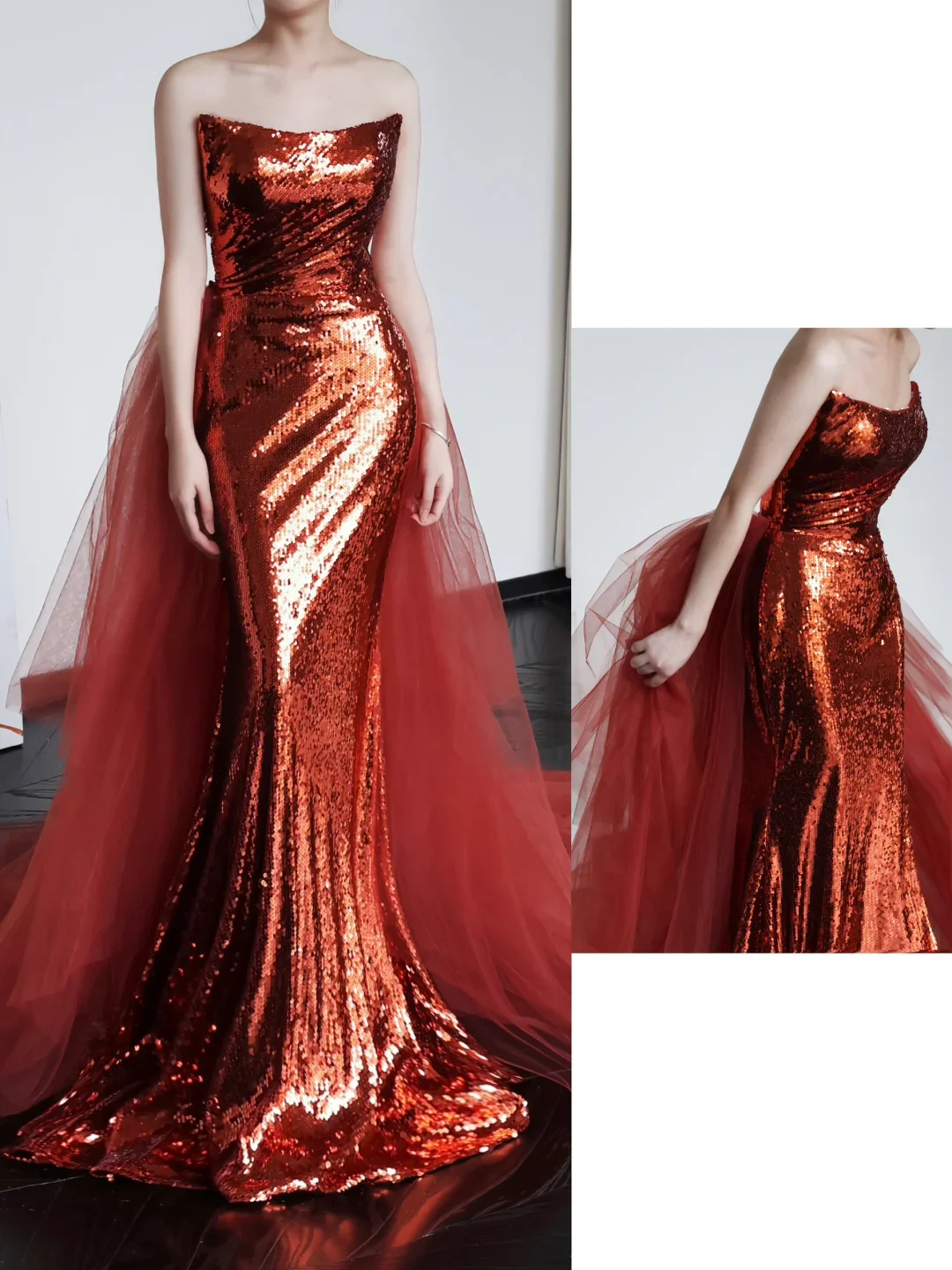 Gorgeous Mermaid Strapless Burgundy Sequin Long Prom Dresses Graduation Dresses DP660 - Deanwangkt