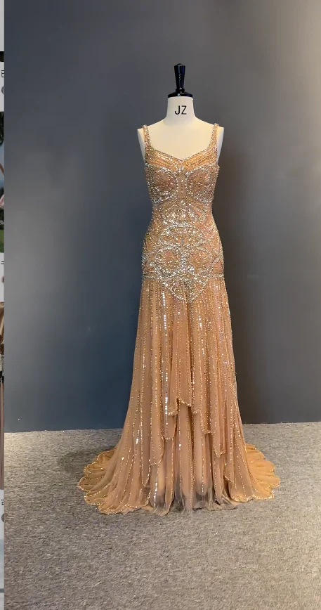 Chic Spaghetti Strap Sheath Light Orange Long Prom Dresses Sleeveless Beaded Tulle Light Orange Evening Dresses DP3835 - Deanwangkt