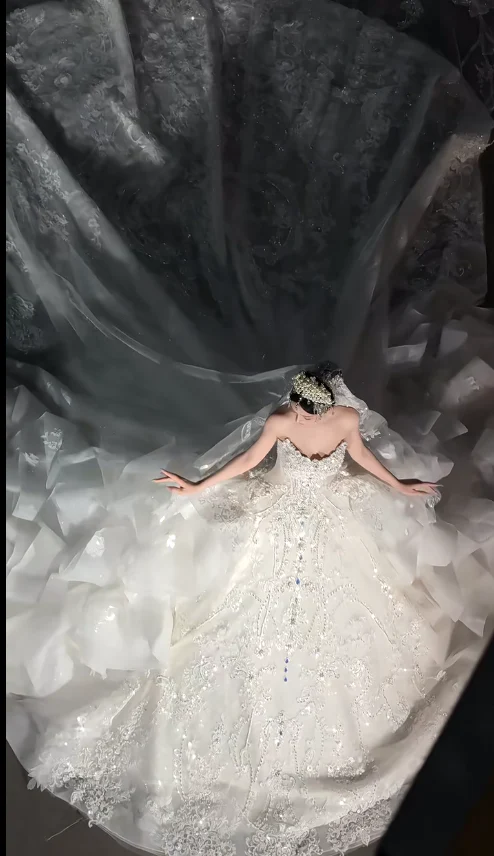 Elegant Strapless Ball Gown Tulle Beaded Wedding Dress, White Bridal Gowns DP3026 - Deanwangkt