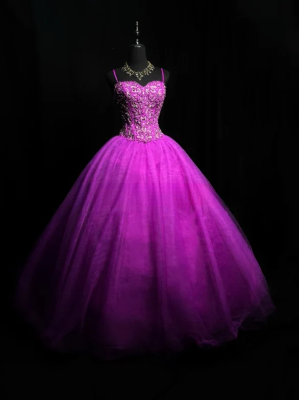 Fairy Ball Gown Tulle Long Prom Dresses Tulle Appliqué Spaghetti Straps Purple Quinceanera Dresses Sweet 16 Dresses DP04032 - Deanwangkt