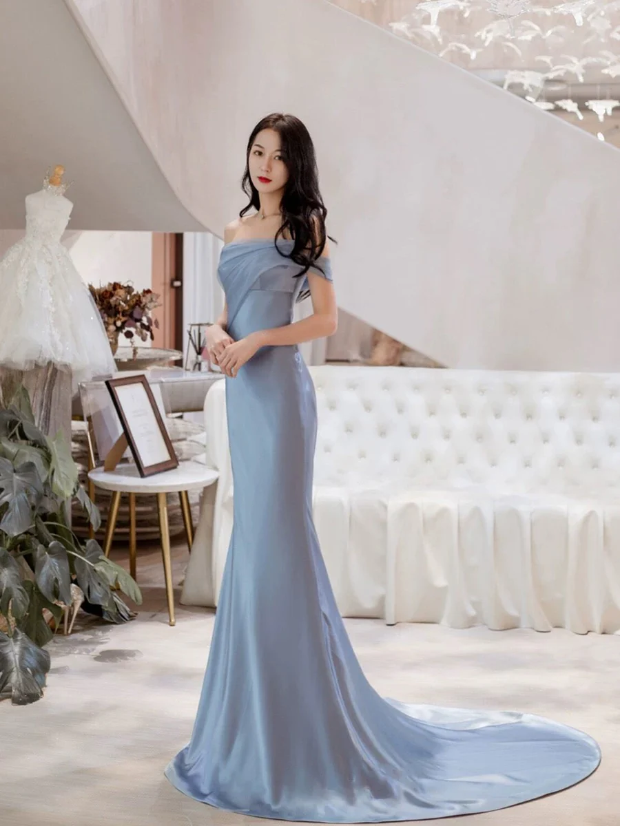 Classy Mermaid Off The Shoulder Satin Blue Short Sleeves Evening Dress Long Prom Dresses H2902 - Deanwangkt