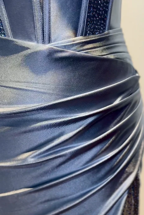 Elegant Strapless Sheath Grey Blue Long Prom Dresses Satin Grey Blue Evening Dresses DP3871 - Deanwangkt