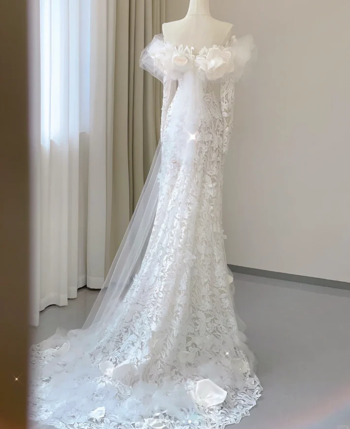 Classy Elegant Mermaid Off The Shoulder White Long Sleeves Flowers Wedding Dresses Brides Dress DP458 - Deanwangkt