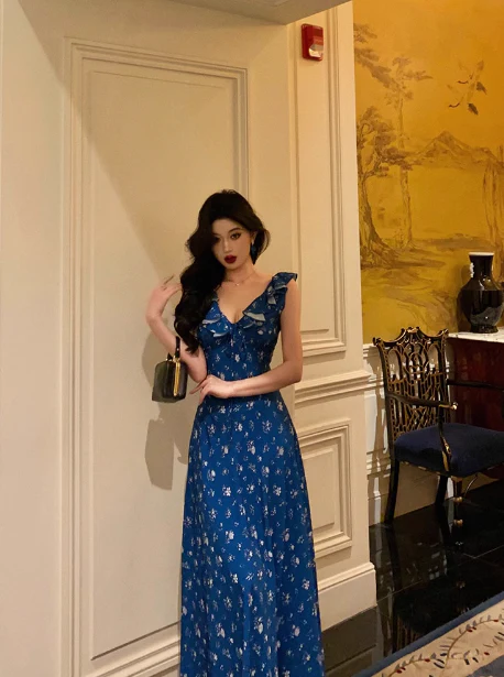 Classy A line V Neckline Blue Chiffon Sleeveless 18th Birthday Dress Party Gown Birthday Outfits Birthday Dress Ideas For Women DP557 - Deanwangkt