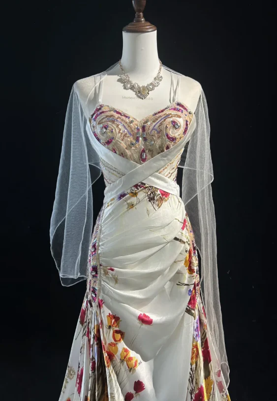 Vintage Spaghetti Strap Sheath Long Prom Dresses Floral Satin Sleeveless Evening Dress Sequin Champagne Formal Dresses DP3255 - Deanwangkt