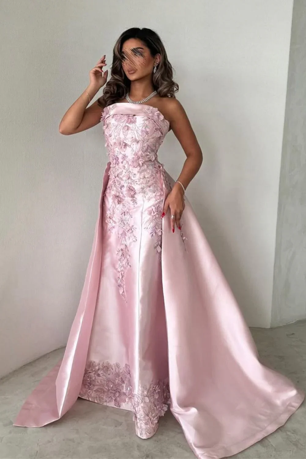 Elegant Pink A-Line Strapless Satin Party Dress with Appliques and Court Train DP243 - Deanwangkt