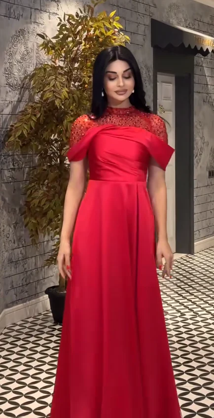 Chic Turtleneck A-Line Red Long Prom Dresses Short Sleeve Formal Dresses Beaded Satin Red Evening Dresses DP3832 - Deanwangkt