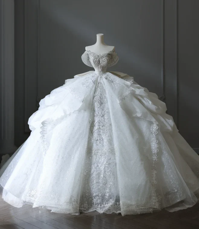 Princess Bridal Dress Ball Gown Off The Shoulder Tulle Wedding Dress With Short Sleeves Wedding Dresses Modest Wedding Gowns DH1503 - Deanwangkt