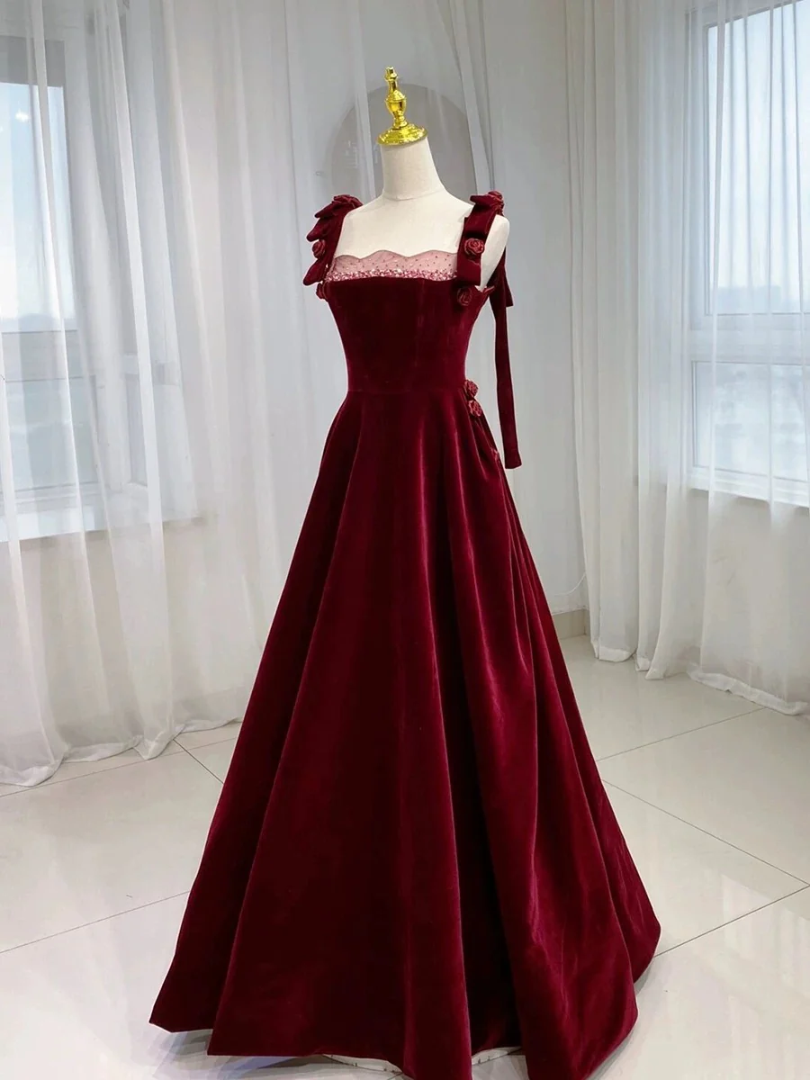 Classy Elegant A line Straps Burgundy Beading Sleeveless Velvet Prom Dresses H2883 - Deanwangkt