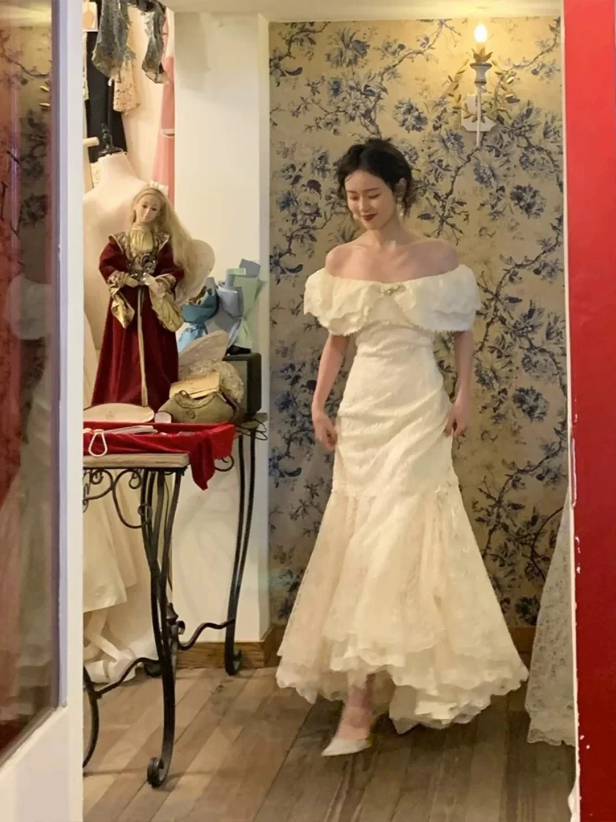 Vintage Wedding Dress Mermaid Off The Shoulder White Lace Summer Long Wedding Dresses Bridal Gowns W0747 - Deanwangkt