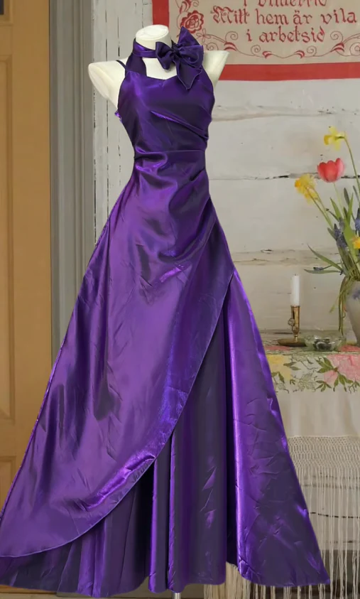 Elegant Halter Neck Sheath Satin Long Prom Dresses Sleeveless Evening Dress Purple Formal Dresses DP3253 - Deanwangkt