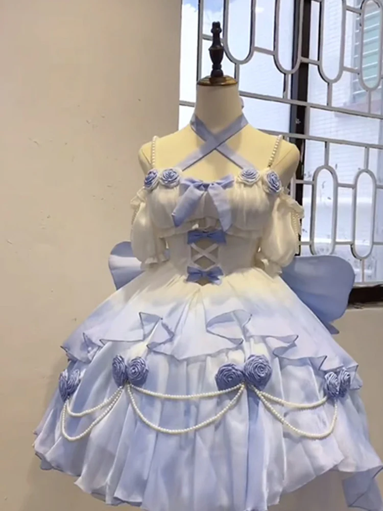 Vintage Ball Gown Off The Shoulder Ombre Blue Chiffon 22th Birthday Dresses Lolita Dress Cute Lolita Outfits DH2448 - Deanwangkt