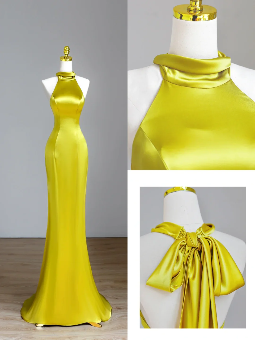 Elegant Glamour Mermaid High Neck Yellow Satin Prom Dress Party Dress Long Evening Dresses DP1546 - Deanwangkt