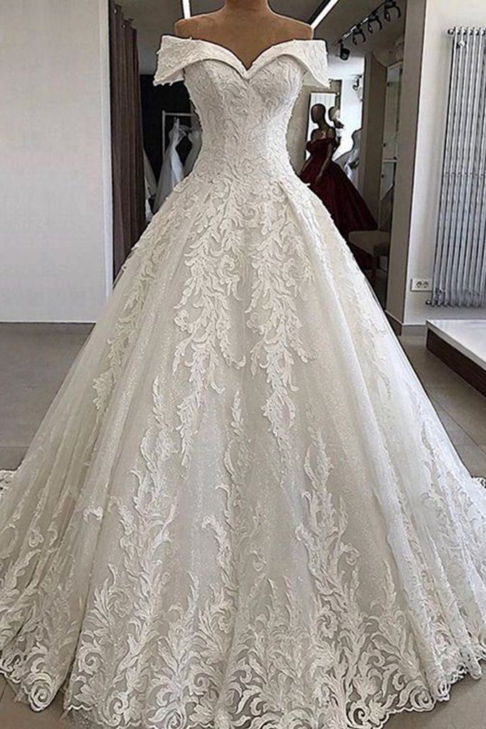 Princess Wedding Dress Ball Gown Off The Shoulder White Lace Wedding Dresses Dreamy Bridal Gowns DH1229 - Deanwangkt
