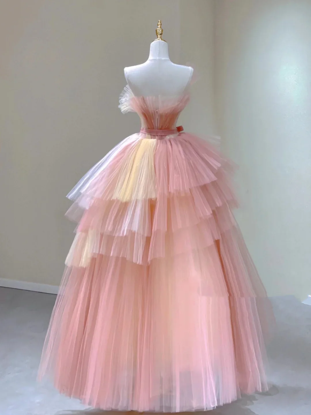 Pretty Ball Gown Strapless Pink Tulle Long Prom Dresses Evening Dresses DP332 - Deanwangkt