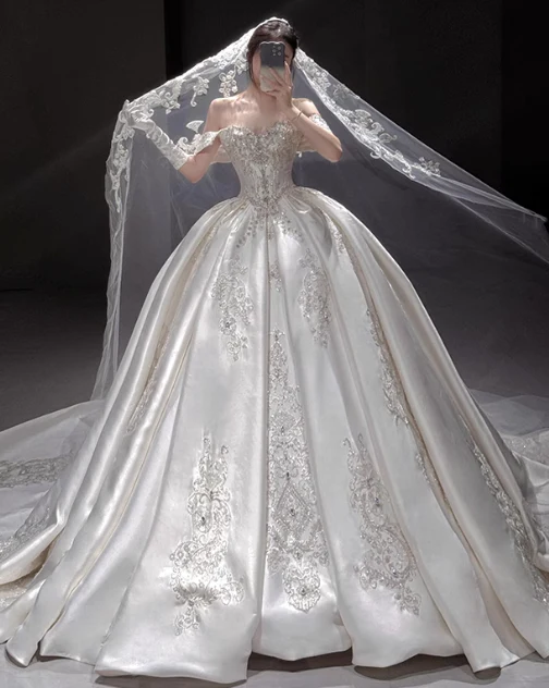 Princess Strapless Ball Gown Satin Long Wedding Dresses Applique White Bridal Gowns Short Sleeve Bridal Dresses DP3867 - Deanwangkt