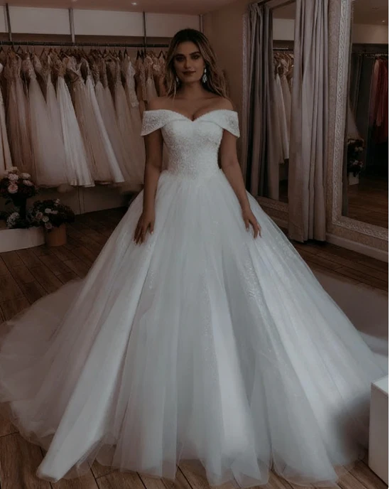 Unique Bridal Gown Ball Gown Off The Shoulder Tulle Short Sleeves White Wedding Dresses Vintage Bridal Gowns DH1213 - Deanwangkt