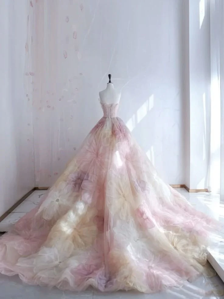 Pretty Ball Gown Sweetheart Pink Flowers Tulle Long Quinceanera Dress Formal Short Sleeves Flowers Vestido De 15 Anos Sweet 16 Dress W0284 - Deanwangkt