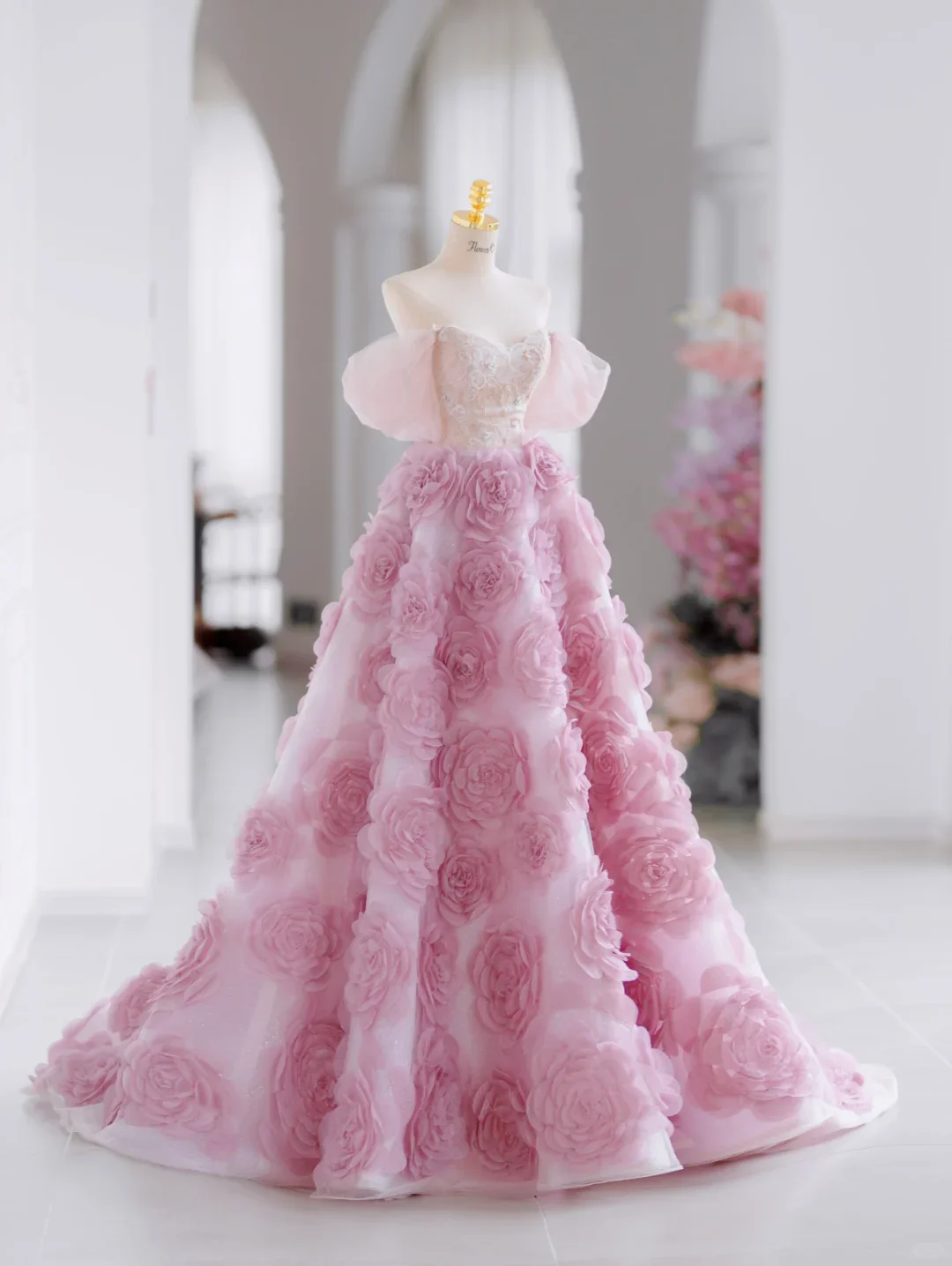 Cute Ball Gown Off The Shoulder Floral Pink Tulle Long Evening Party Gowns Evening Dress Special Formal Dresses Prom Dress H2797 - Deanwangkt