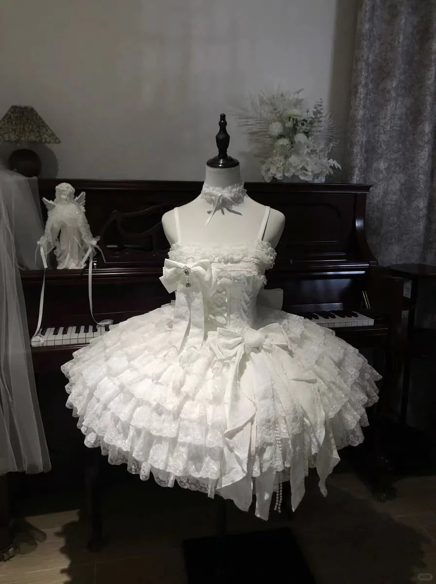 Vintage Ball Gown White Tulle Lace Spaghetti Straps Short Lolita Outfits 18th Birthday Dress Mini Cute Lolita Dress DH02716 - Deanwangkt