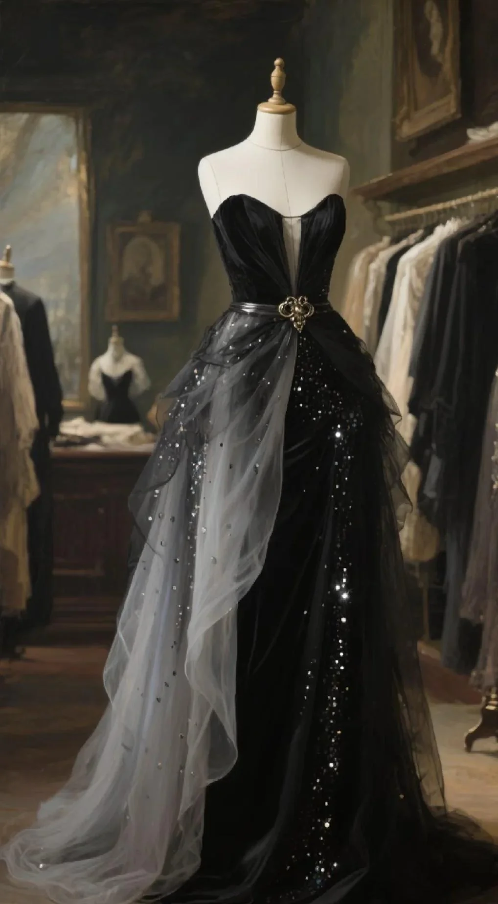 Elegant Black Strapless Mermaid Long Prom Dress, Tulle Sequin Formal Evening Dress DP2973 - Deanwangkt