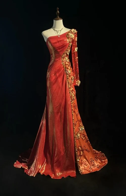 Elegant One Shoulder Sheath Long Evening Dresses Satin Red Prom Dresses DP3309 - Deanwangkt