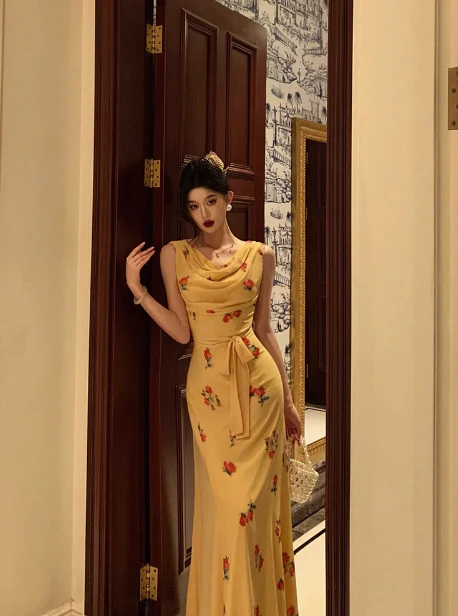 Cute Mermaid Yellow Chiffon Sleeveless 18th Birthday Dress Party Gown Birthday Outfits For Women DP0537 - Deanwangkt