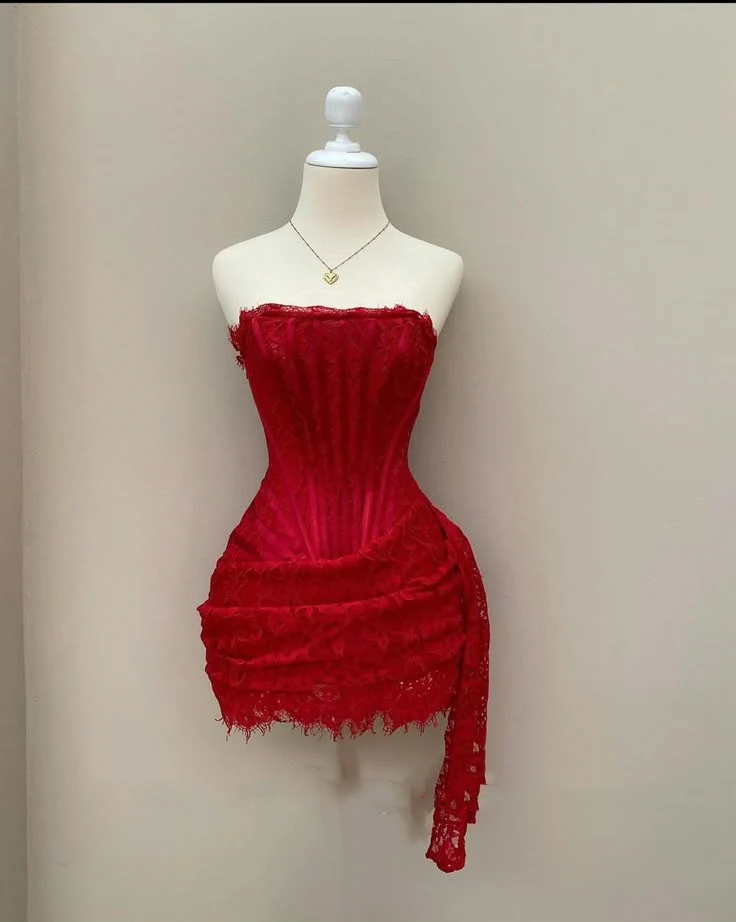 Cute Sheath Strapless Red Summer Lace Homecoming Dress Hoco Dress Mini 18th Birthday Outfit Cocktail Dresses W0337 - Deanwangkt