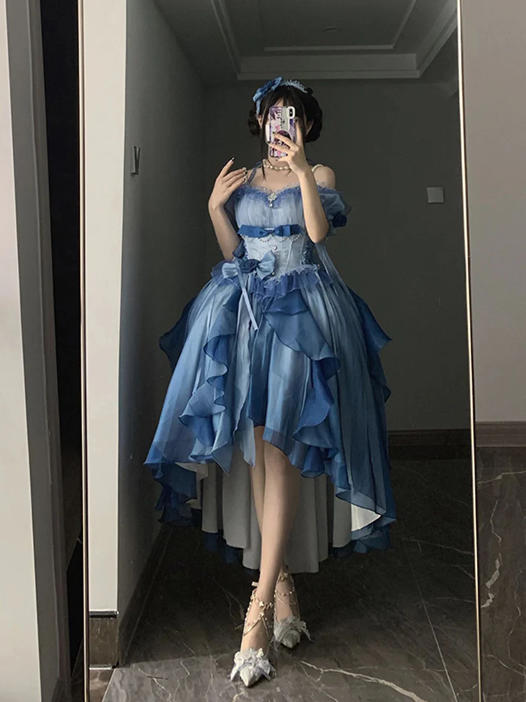Vintage Ball Gown Off The Shoulder Half Sleeves 21st Birthday Dress Lolita Dress Blue 20th Birthday Outfits DH2420 - Deanwangkt