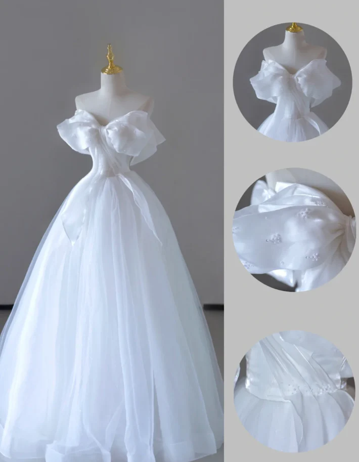 Dreamy Ball Gown Off The Shoulder Tulle Long White Wedding Dresses Summer Brides Dress DP517 - Deanwangkt