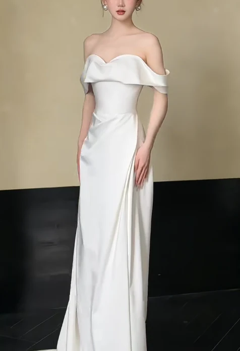 Simple Off-Shoulder Sheath Long Wedding Dresses; White Bridal Gowns; Satin Bridal Dresses DP03975 - Deanwangkt