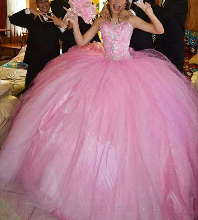 Pretty Ball Gown Sweetheart Pink Tulle Long Quinceanera Dress Formal Gowns Vestido De 15 Anos Sweet 16 Dress DH1852 - Deanwangkt