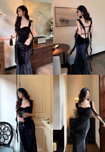 Elegant Spaghetti Straps Mermaid Velvet Long Prom Dresses, Black Evening Dresses DP3102 - Deanwangkt