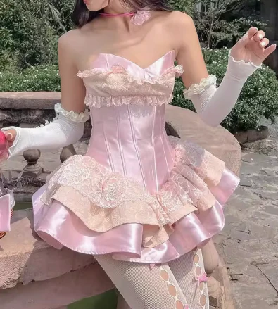 Princess Ball Gown Sweetheart Pink Satin Lace Short Formal 8th Grade Homecoming Dresses Middle School Cocktail Dress Hoco Outfits DH2597 - Deanwangkt