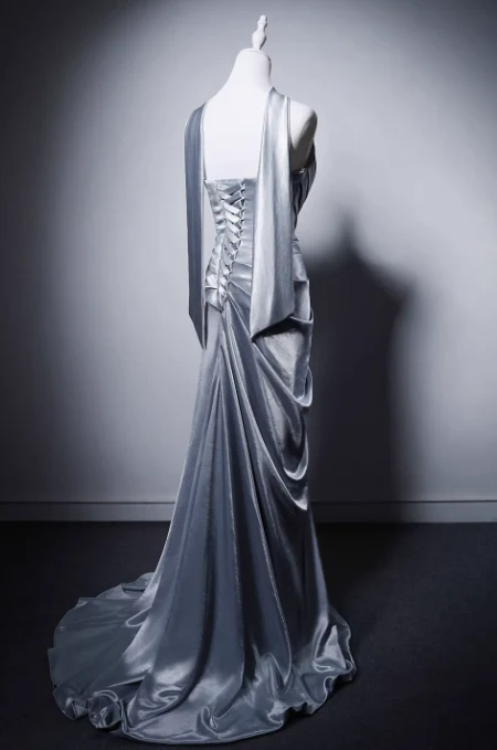 Elegant Light Gray Blue Mermaid Evening Gowns Strapless Satin Long Prom Dress Modest Sleeveless Formal Dress with Scarf DH2746 - Deanwangkt